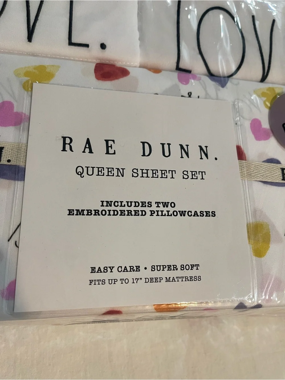 Rae Dunn Valentine Queen Sheet Set in White with Multicolor Heart Print